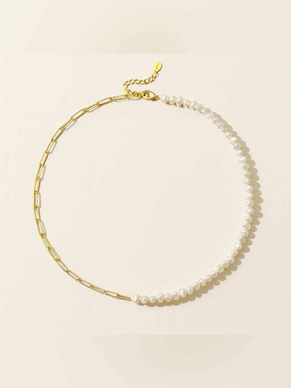 Gold Paper Clip Pearl Necklace - Gold & White - Picture 2 of 5